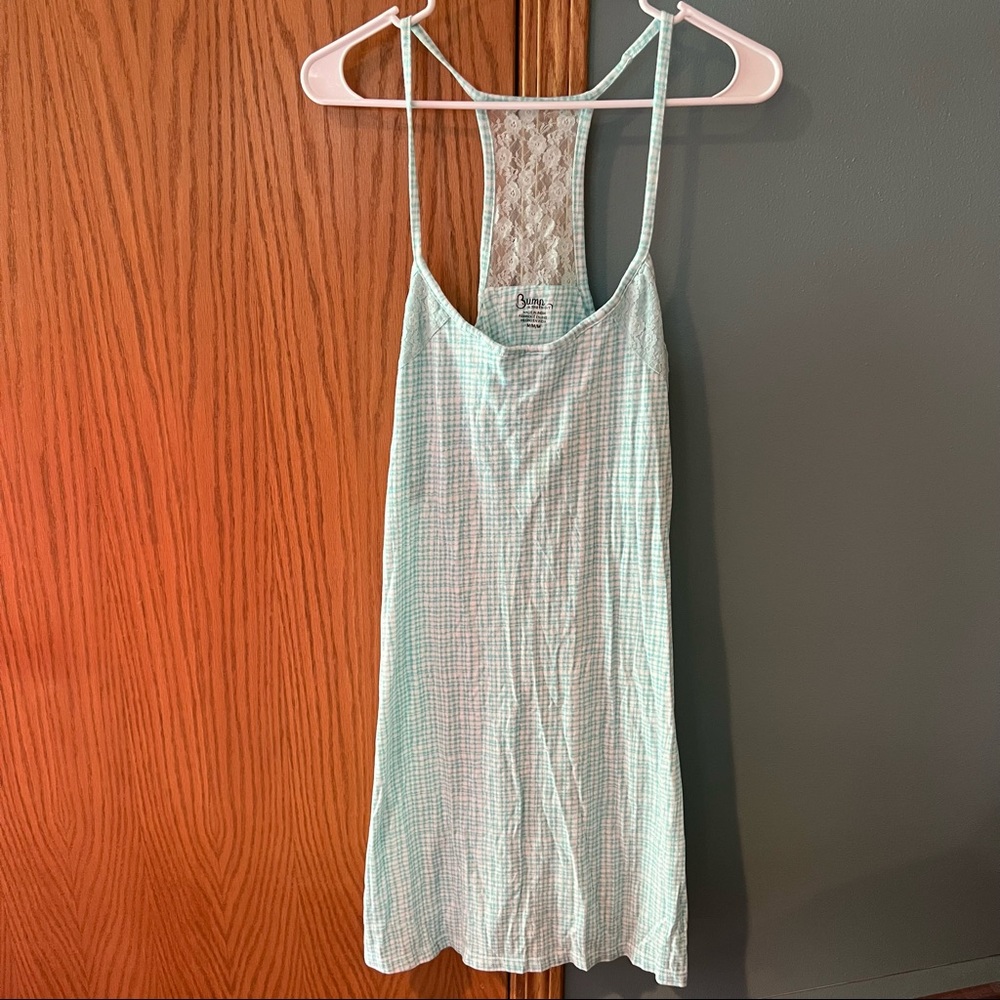 Bump in the Night Maternity Turquoise Gingham Nightgown Size Medium Lace Detail